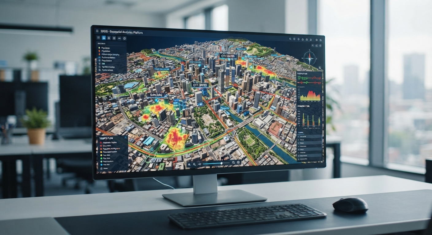 地図データを表示するモニターとGISシステム開発の様子